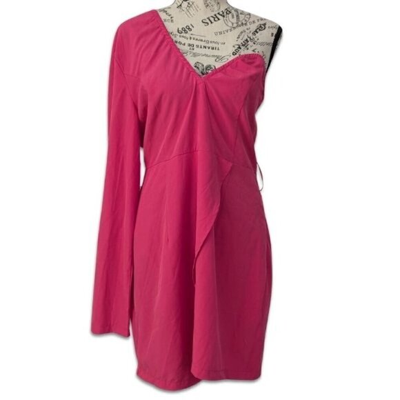 PrettyLittleThing Hot Pink One Shoulder Asymmetrical Mini Dress 10 MISSING BELT - Picture 2 of 11